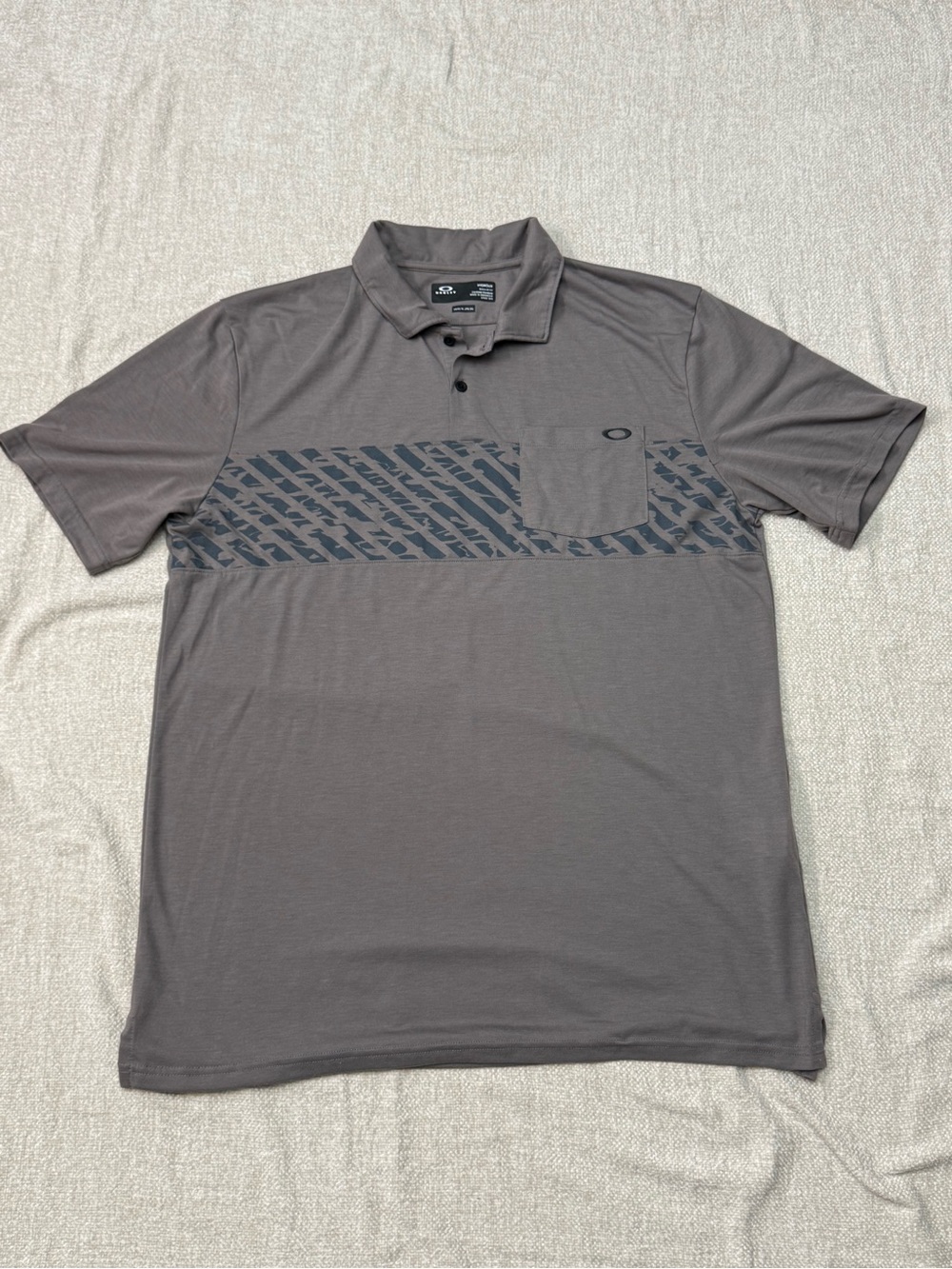 Oakley Men's Taupe Gray Short Sleeve Polo with Chest Pocket and Stripe